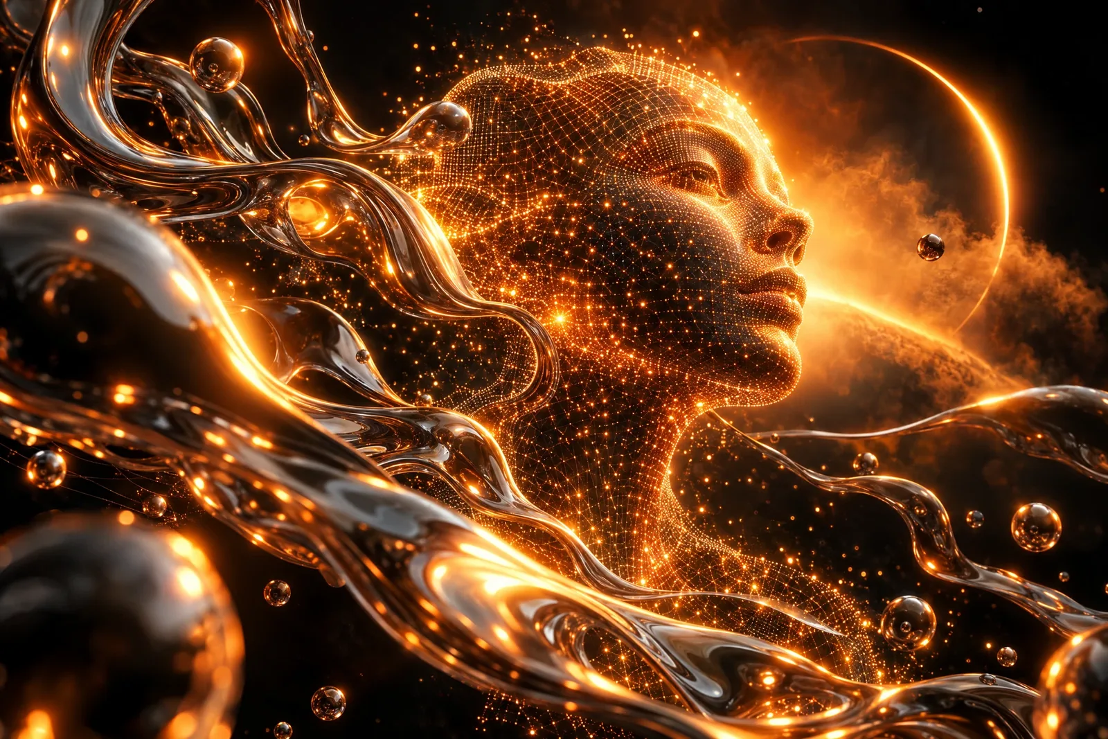 Abstract chrome and wireframe forms lit in orange