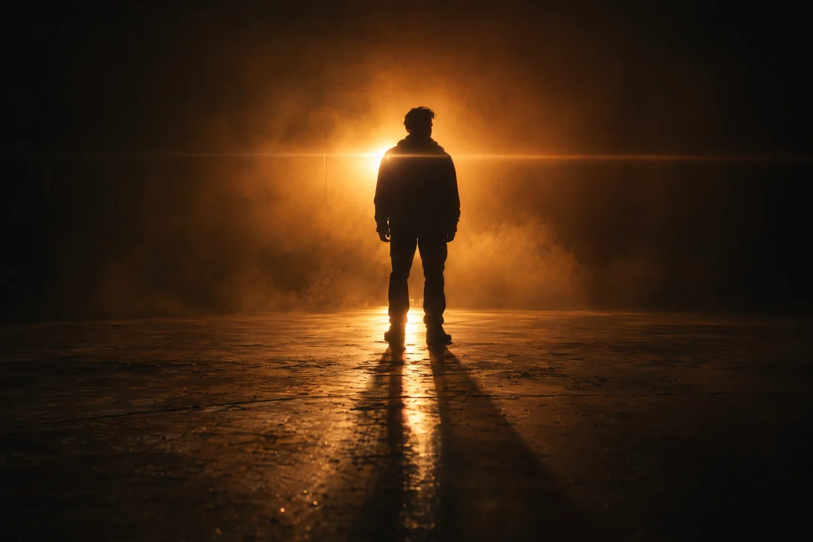 Silhouette backlit by warm orange light in a dark studio