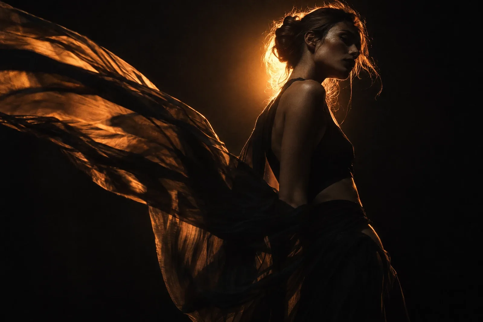 Fashion campaign still lit by a hard orange backlight