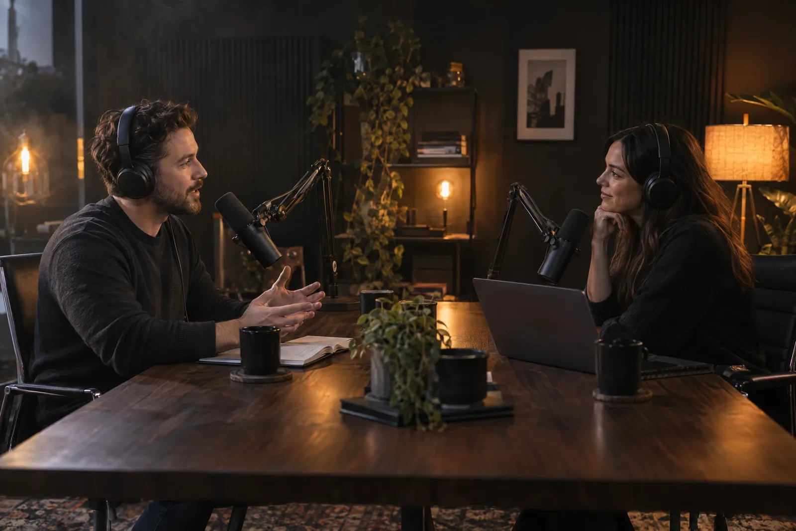Two podcast hosts recording across a dark wooden table
