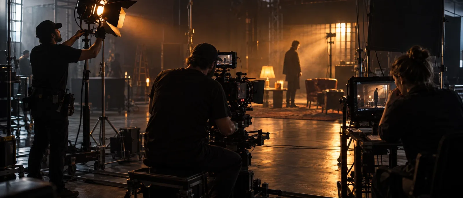 Wide behind-the-scenes view of a film crew at work in a dark studio