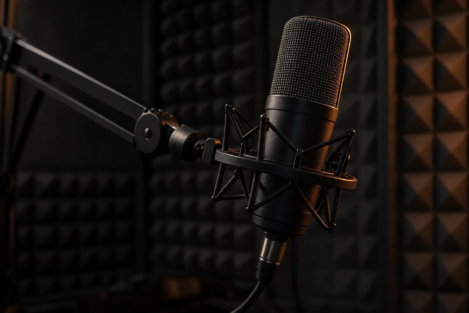 Condenser microphone in a black acoustically treated podcast booth