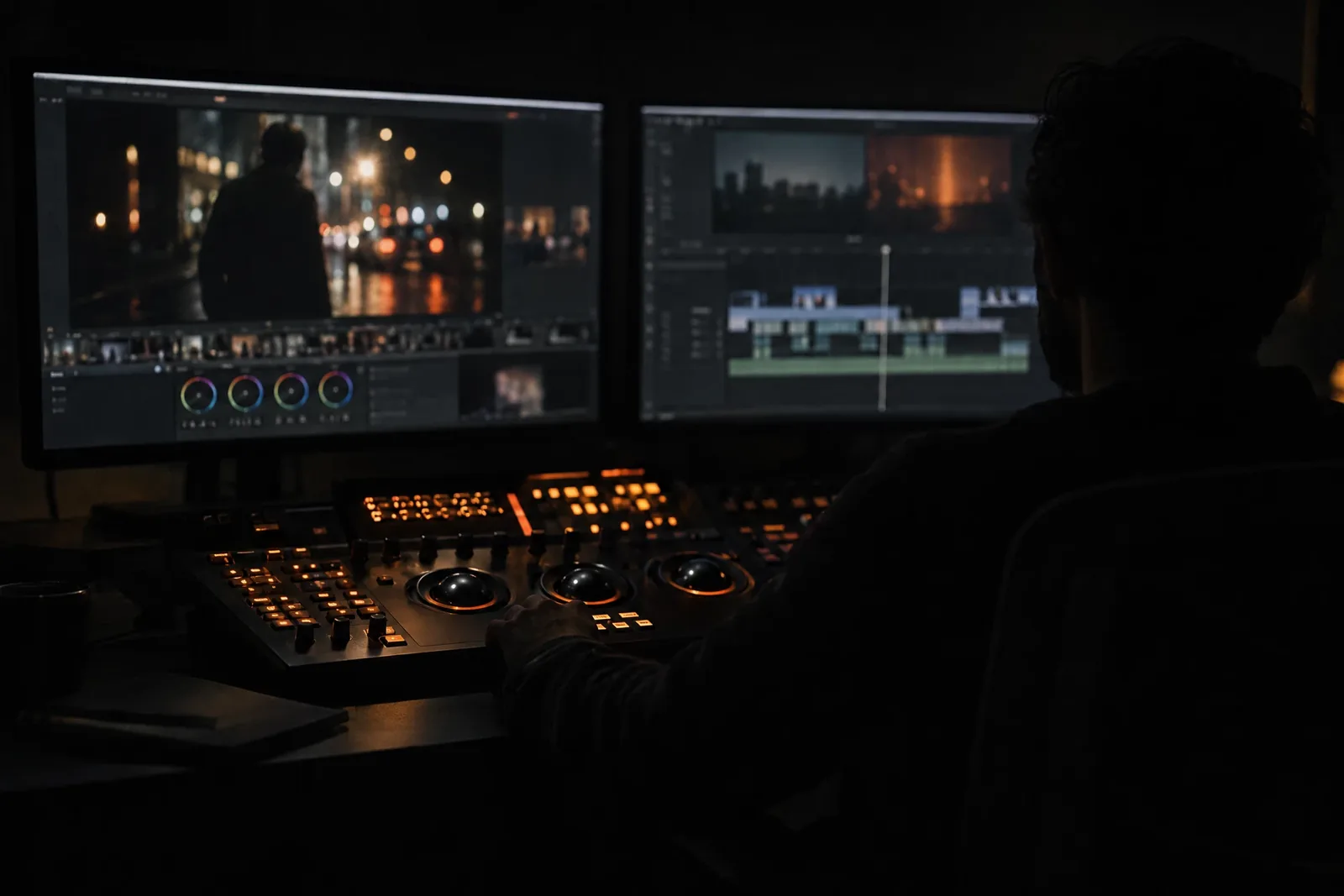 Colour grading suite with timeline on reference monitors