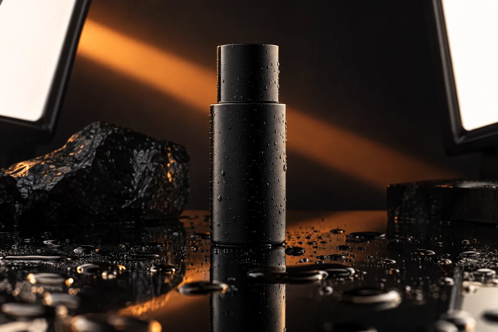 Matte black product bottle on reflective black glass under studio softboxes