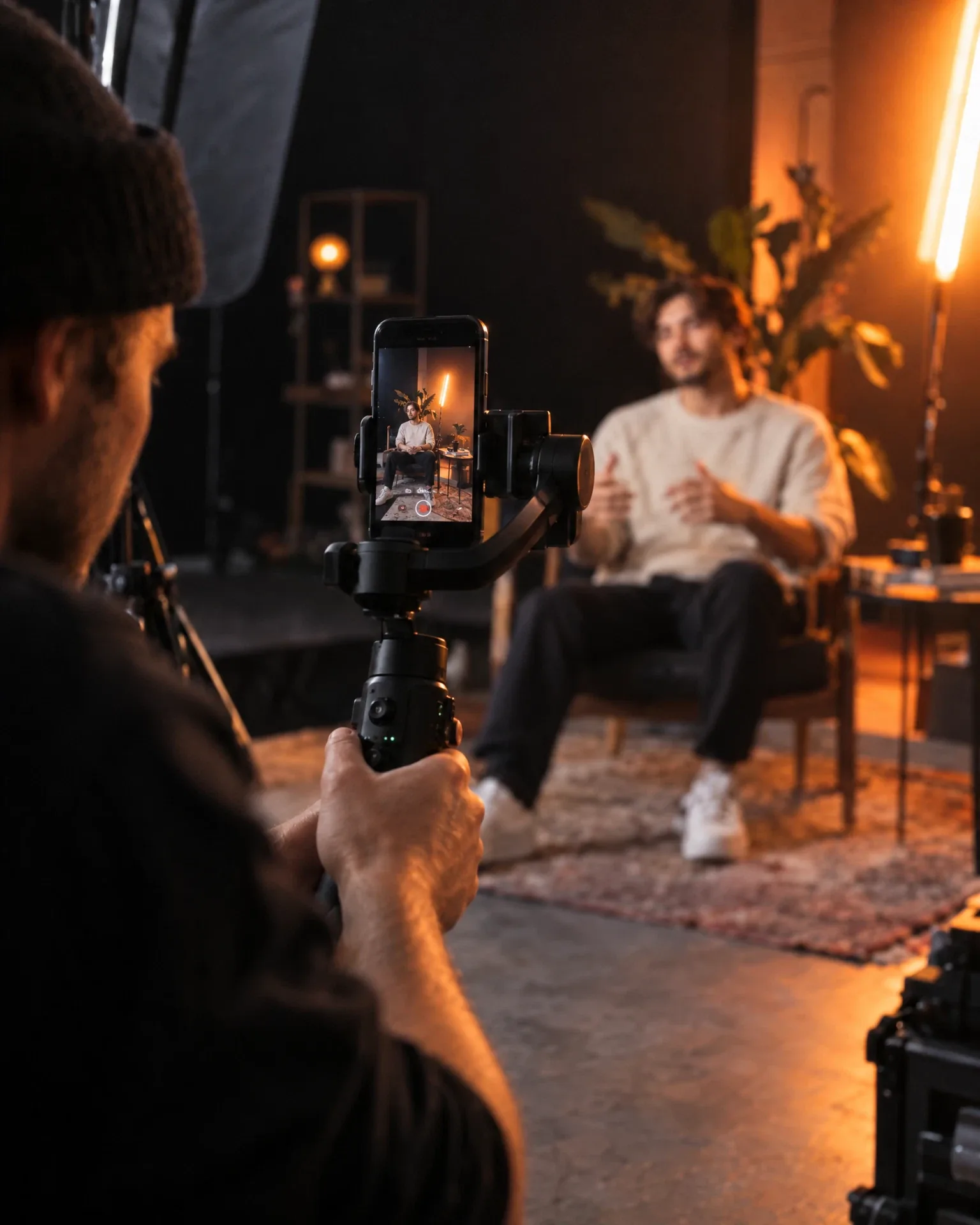 Vertical video shoot on a gimbal in a dark studio