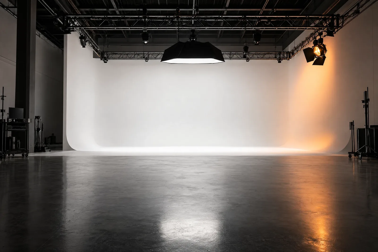 Empty white cyclorama studio with lighting truss